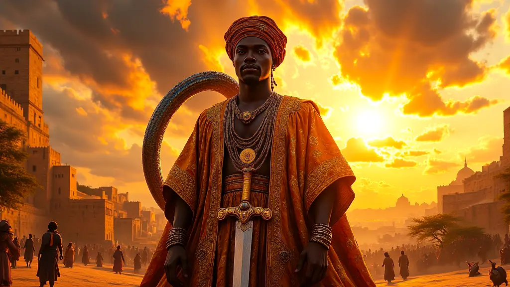 Bayajidda, Hausa legend, stands with sword and serpent.