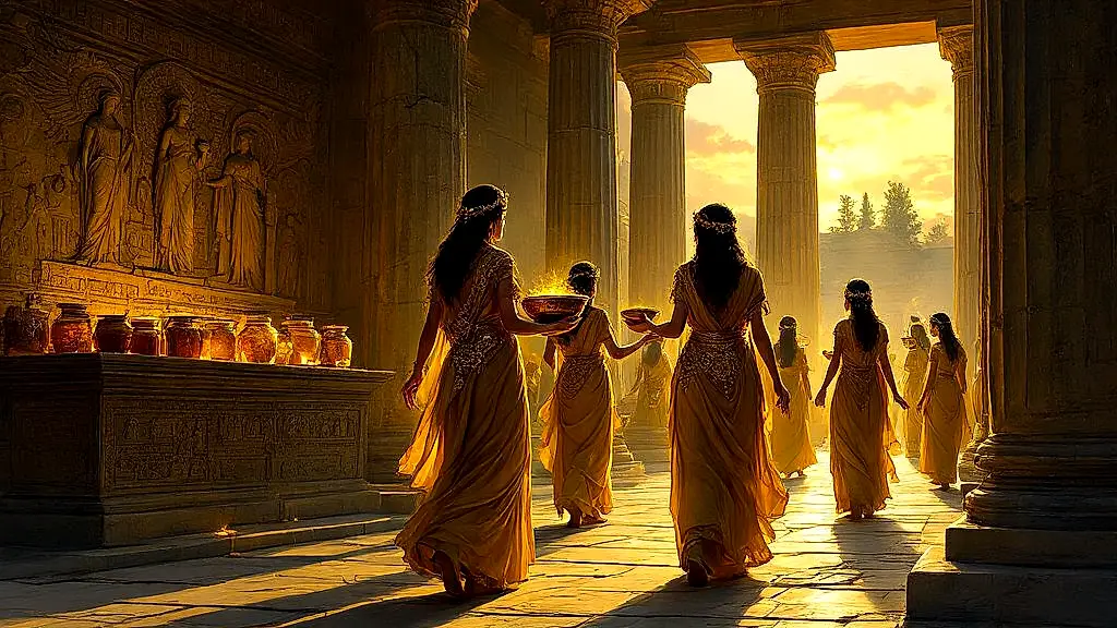 Bee-priestesses perform sacred rites in Demeter’s temple.