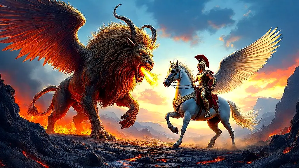 Bellerophon on Pegasus battles fire-breathing Chimera in epic clash.