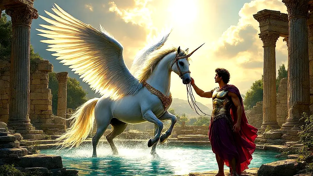 Bellerophon taming Pegasus with Athena’s golden bridle.