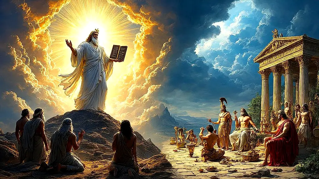 Biblical God vs. Greek gods moral contrast scene.
