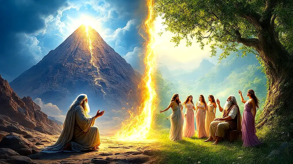 Biblical truth vs. Greek myths in split cinematic scene.