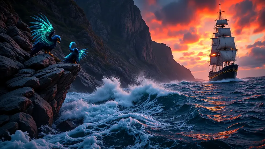 Bird-women Sirens luring sailors to doom with hypnotic songs.