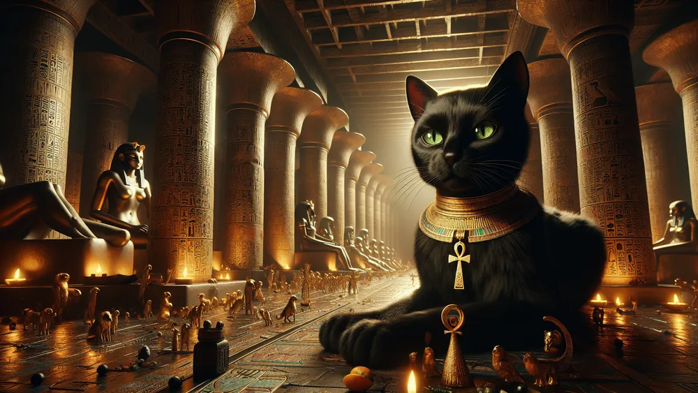 Black Cat In Egyptian Temple With Goddess Bastet Statue And Hieroglyphs