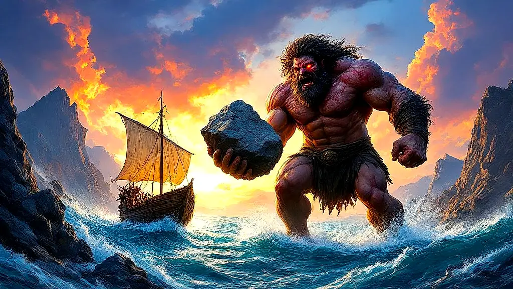 Blinded Cyclops hurls mountain peak at Odysseus's ship.