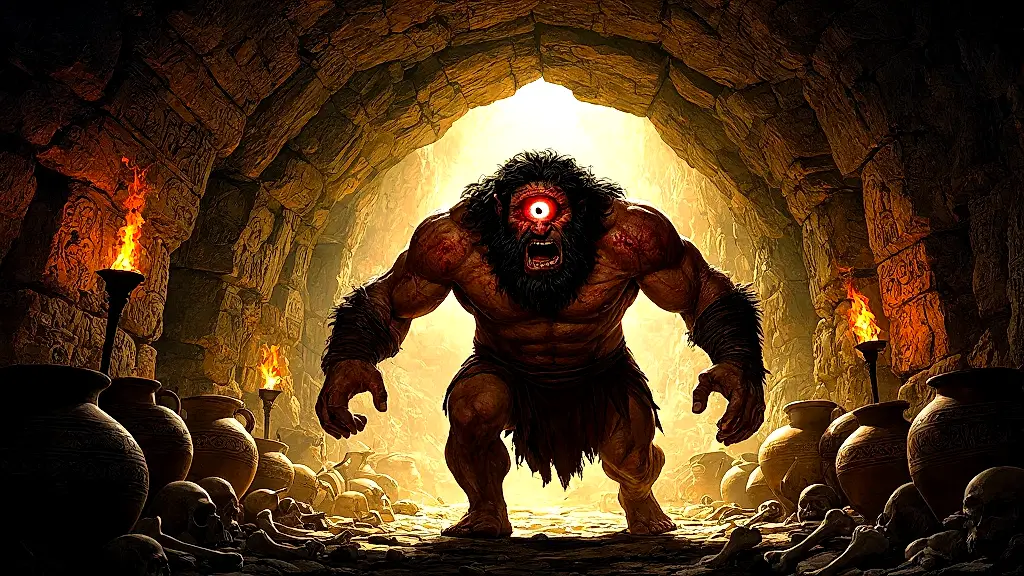 Blinded Cyclops Polyphemus raging in torch-lit cave.