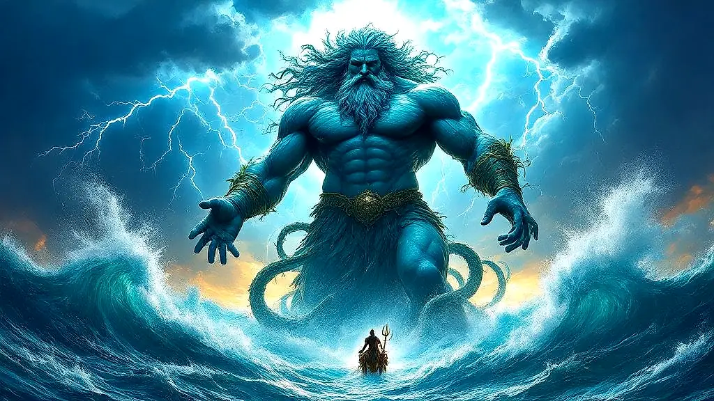 Briareus as Aegaeon, hundred-handed sea god commanding a storm.