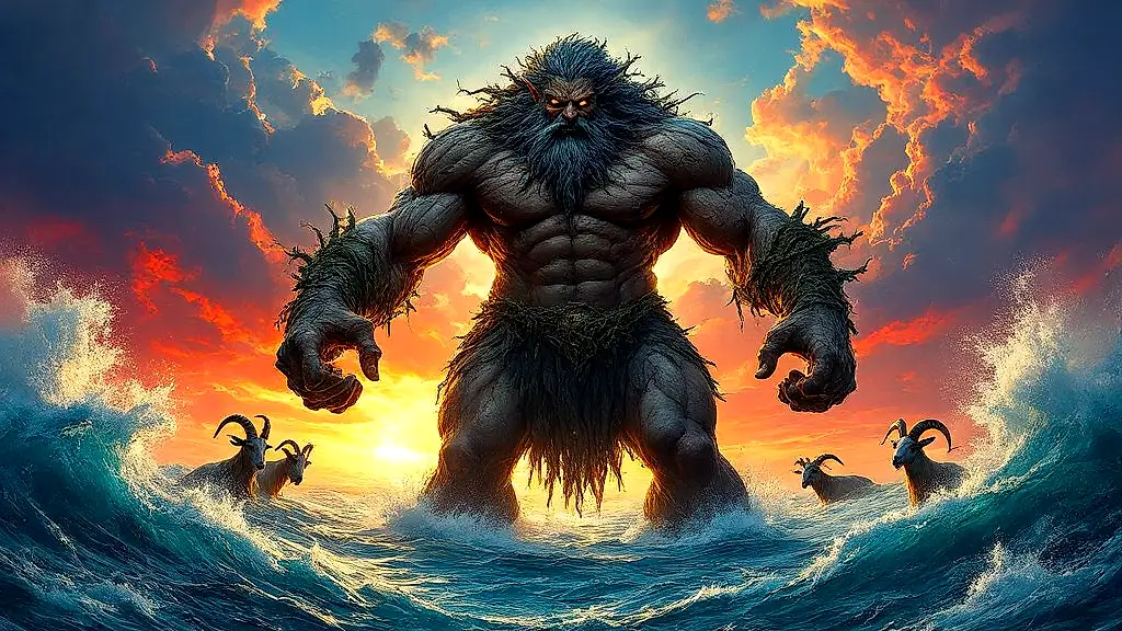 Briareus, the hundred-handed giant, storms the Aegean Sea.