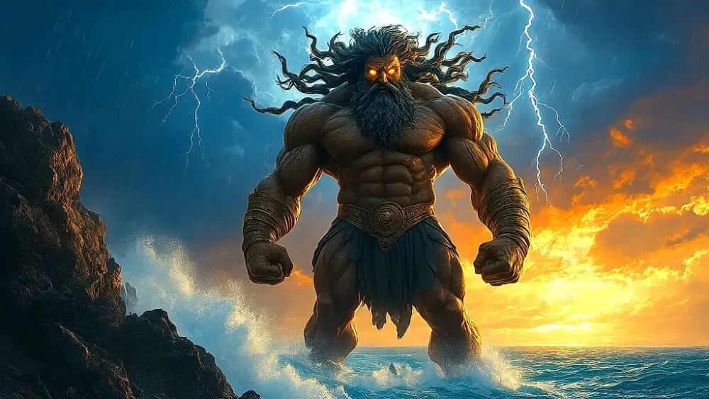 Briareus, the hundred-handed Greek giant, commanding a stormy coast.