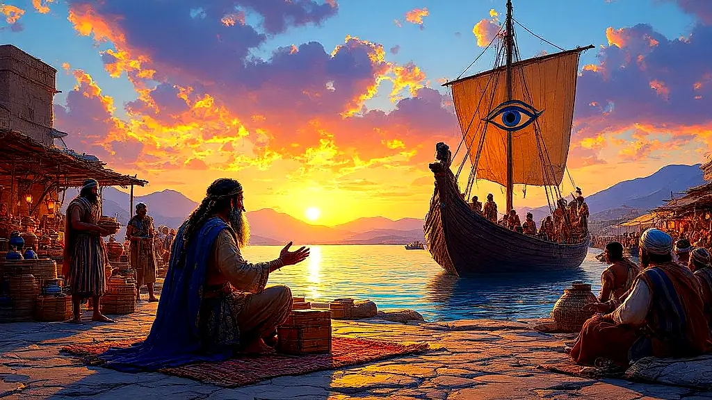 Bronze Age traders sharing flood myths at sunset harbor.