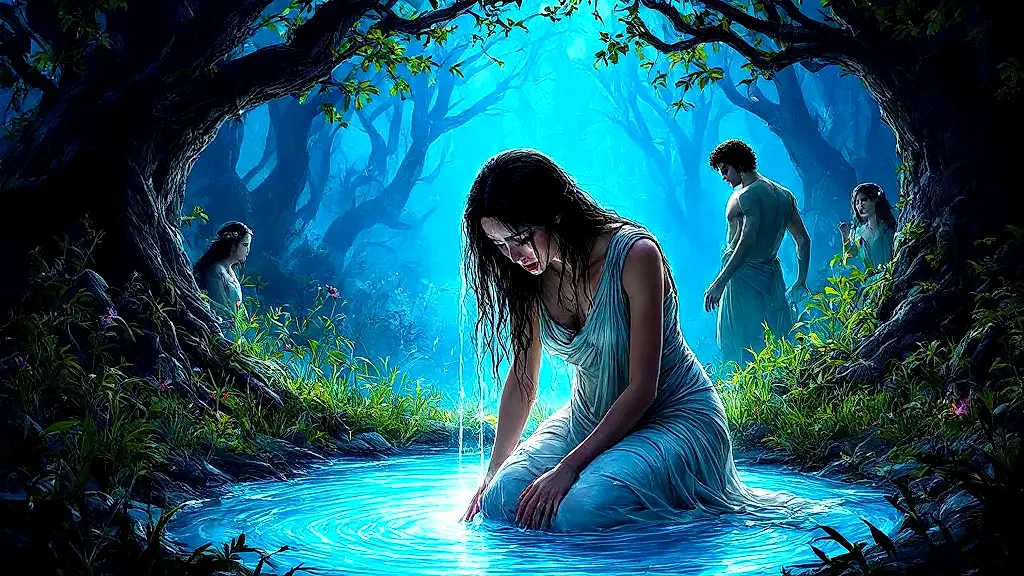 Byblis weeping, transforming into a spring, Caunus fleeing.
