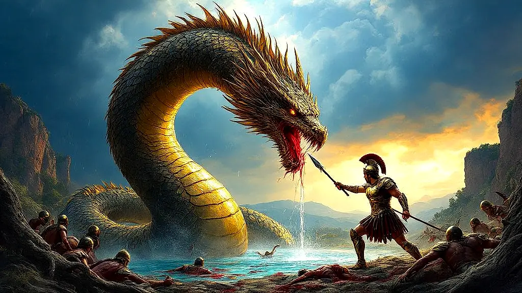 Cadmus battles golden Ismenian Dragon at sacred spring.