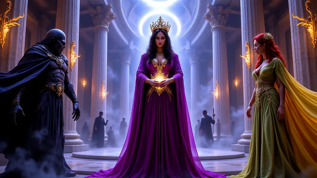 Calliope mediating between Hades and Demeter over Persephone.