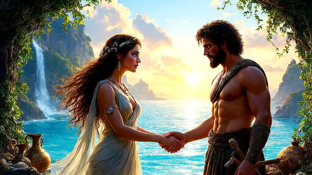 Calypso sadly bids Odysseus farewell at sunset.