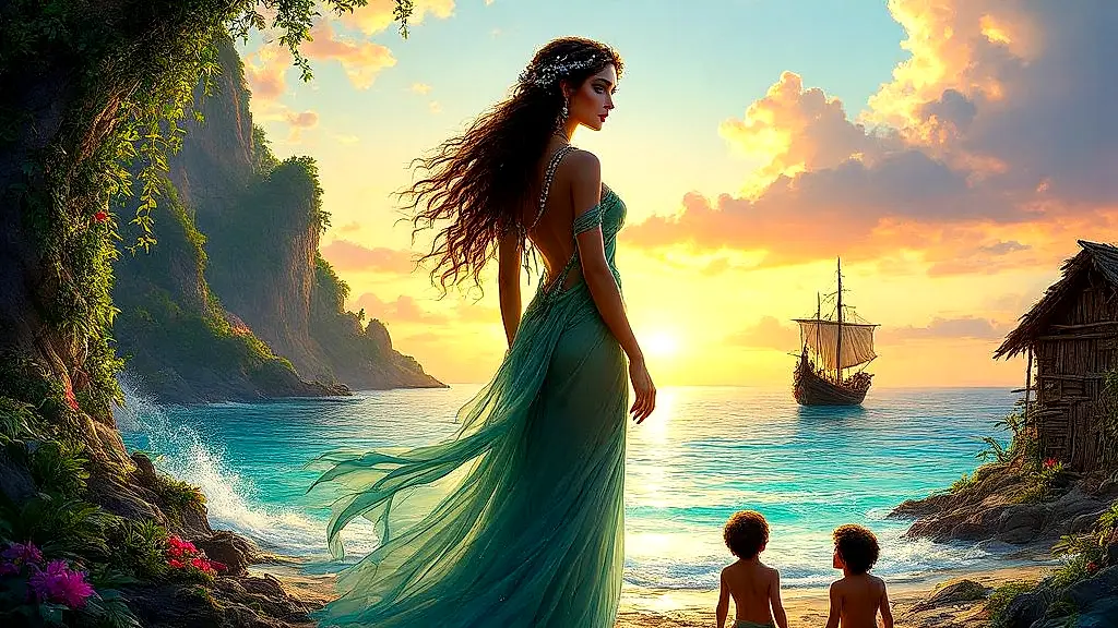 Calypso watches Odysseus’ ship leave Ogygia at sunset.