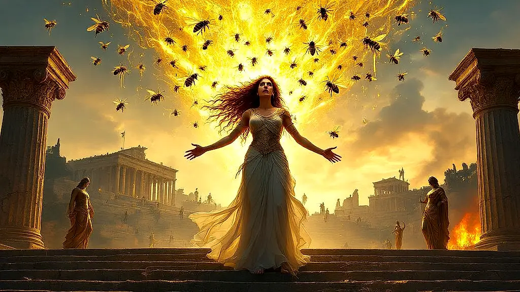Cassandra engulfed in prophetic bees foretelling Troy’s fall.