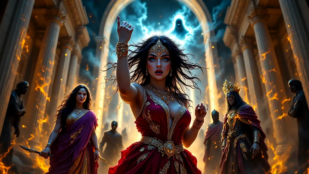 Cassandra prophesying as Apollo and Clytemnestra watch.
