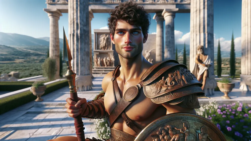 Castor In Greek Armor With Temple And Mount Olympus Background