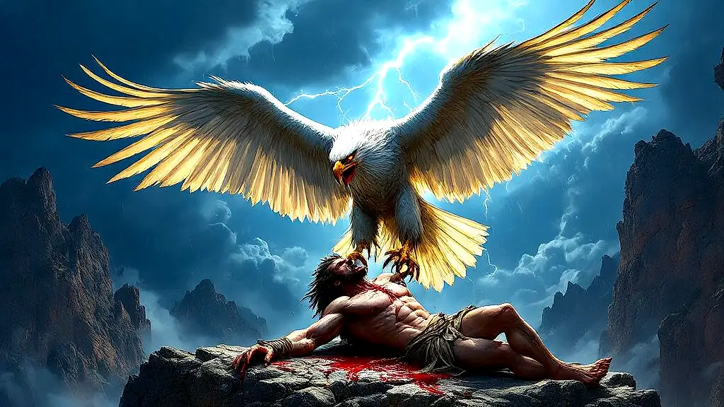 Caucasian Eagle devouring Prometheus' liver on stormy cliffs.