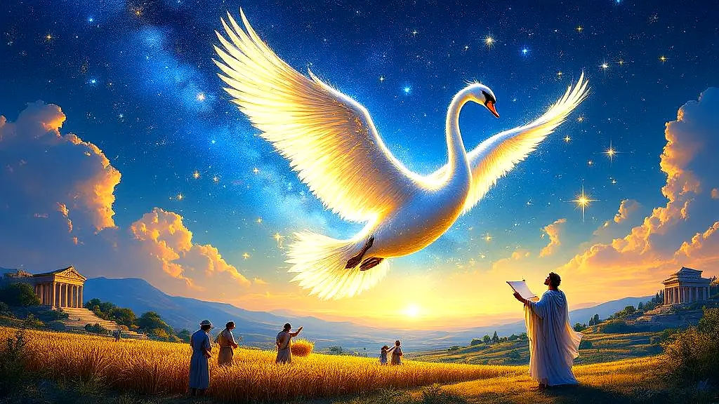 Celestial swan Cygnus guiding Greek farmers and poets.