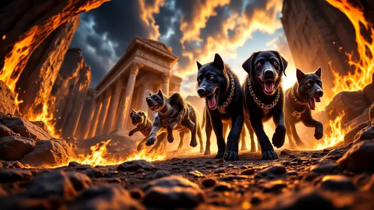 Cerberus and Laelaps in Greek mythology, epic cinematic scene.