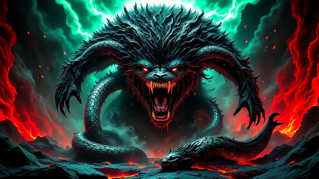 Cerberus, three-headed hellhound, guards Hades' gates.
