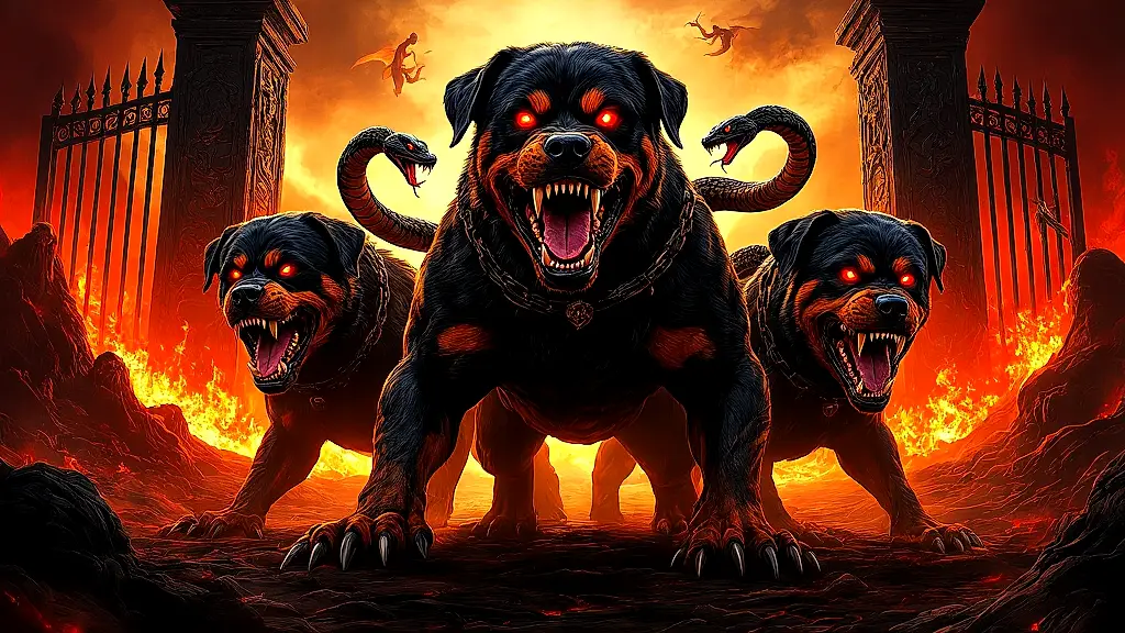 Cerberus, three-headed hellhound, guards the Underworld fiercely.