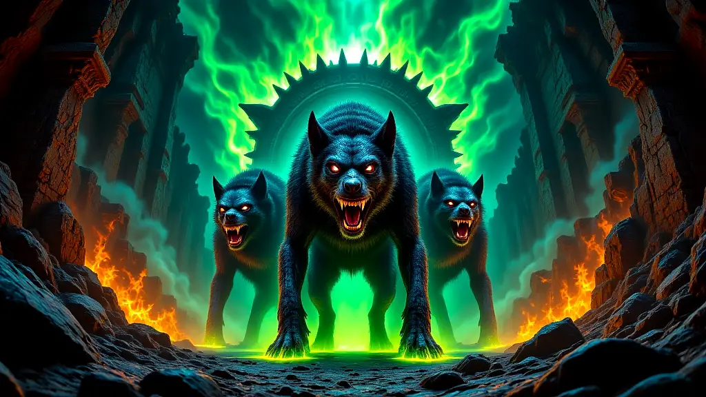 Cerberus, three-headed underworld guardian, snarling at Hades' gates.
