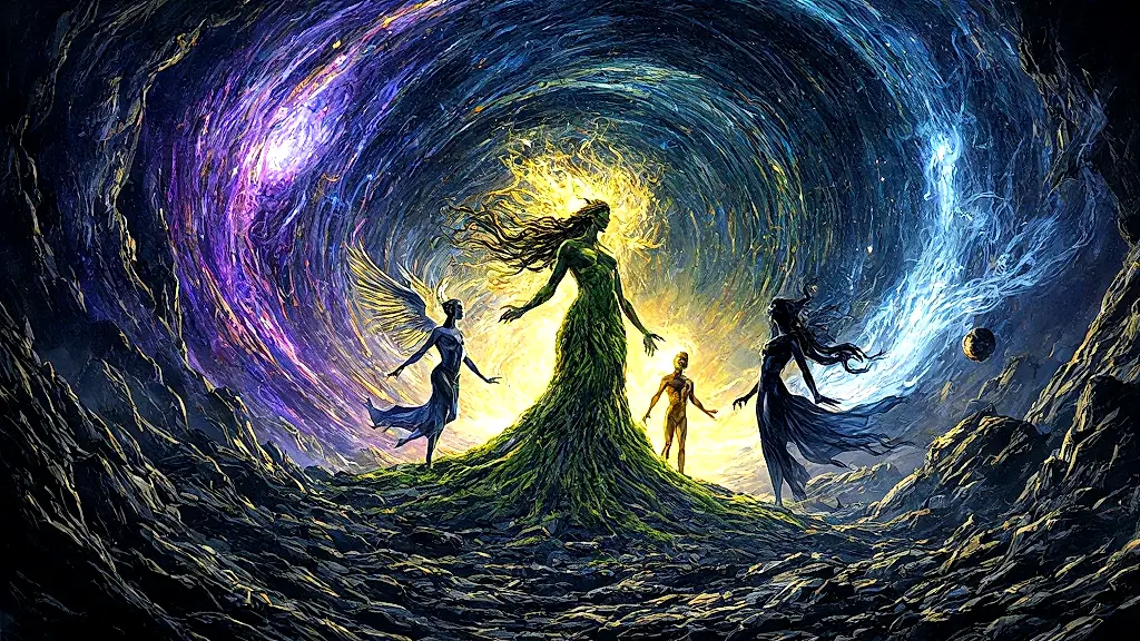 Chaos births Greek gods in a vibrant cosmic void.