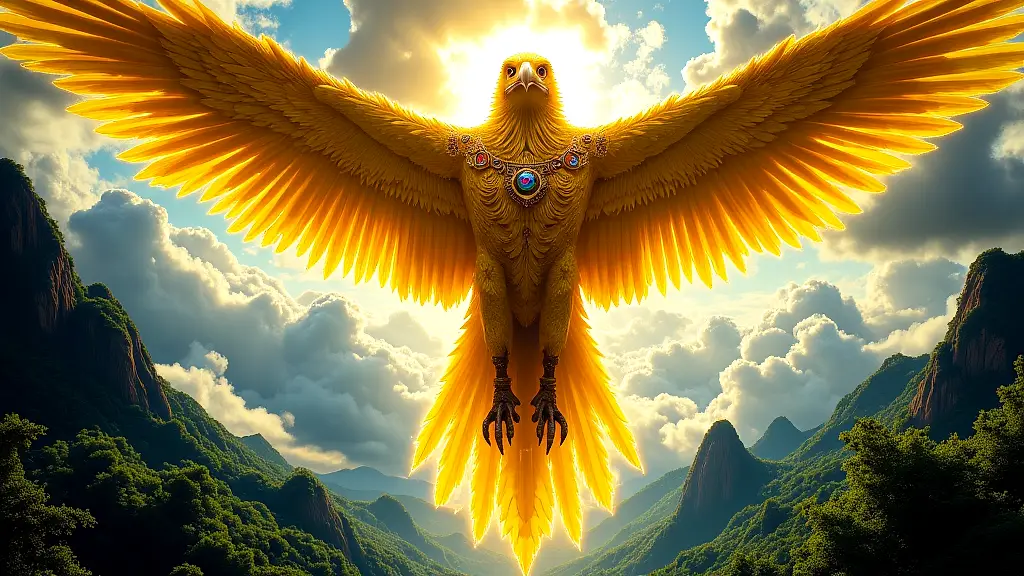 Chiuta, the golden rain god, soaring over mountains.