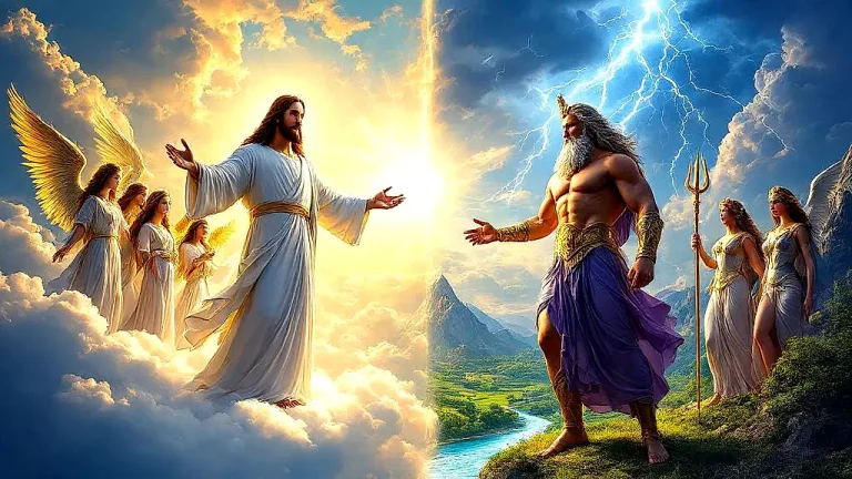 Christianity and Greek mythology comparison in epic split-screen.