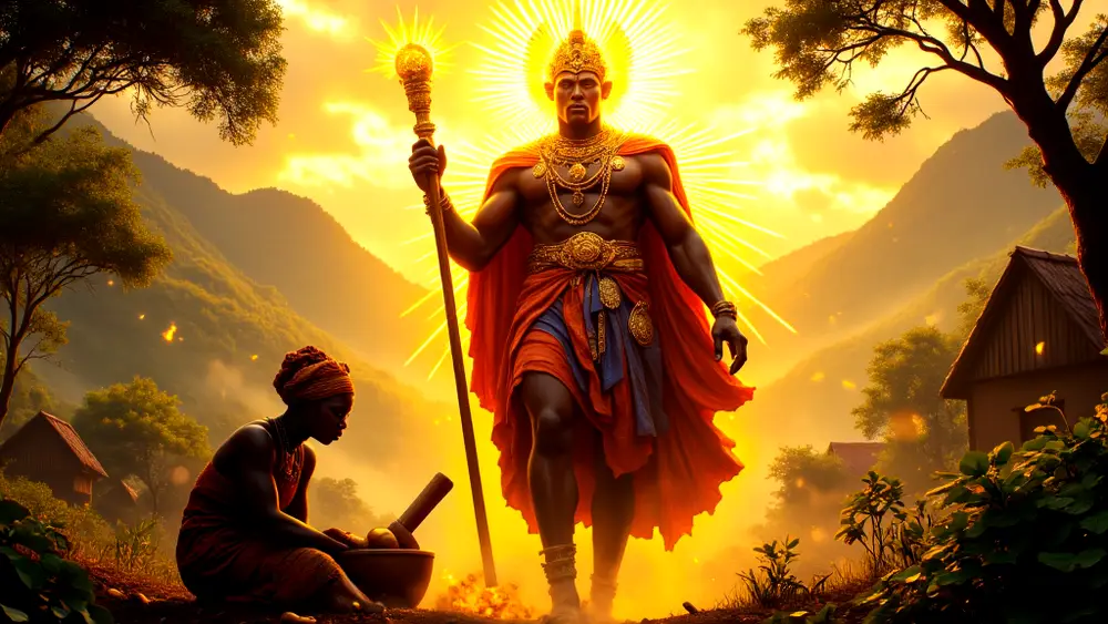 Chukwu ascending as woman pounds yams at dawn.