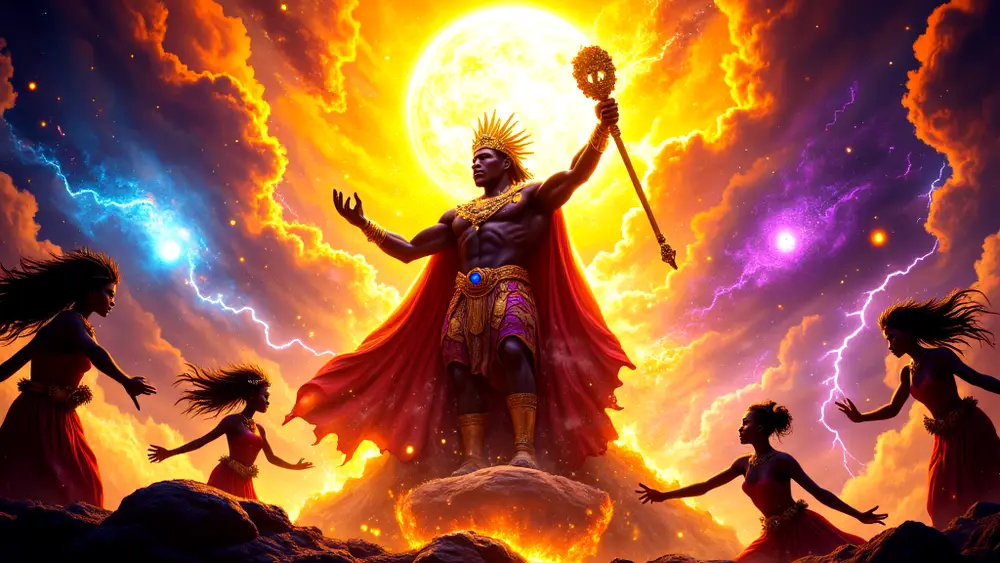 Chukwu creating the universe with divine helpers.