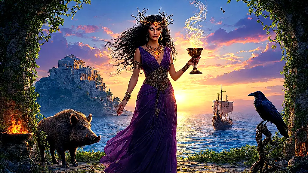 Circe, powerful sorceress, stands amidst magic and transformation.
