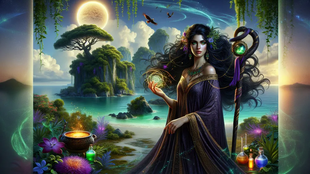 Circe The Greek Sorceress With A Mystical Island Background