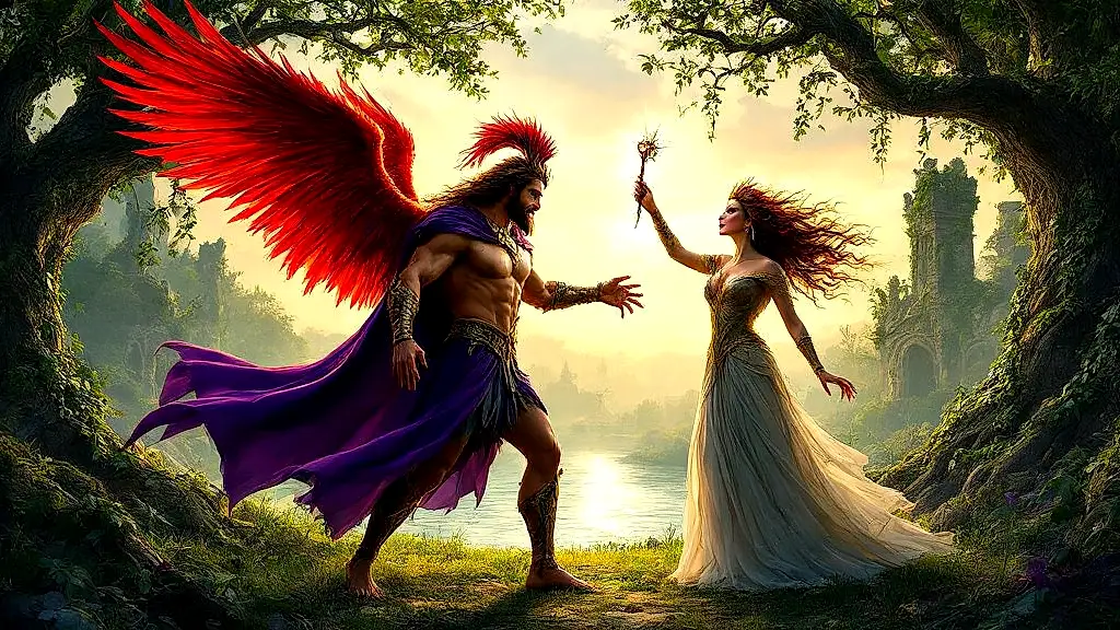 Circe transforms Picus into a woodpecker as Canens fades away.