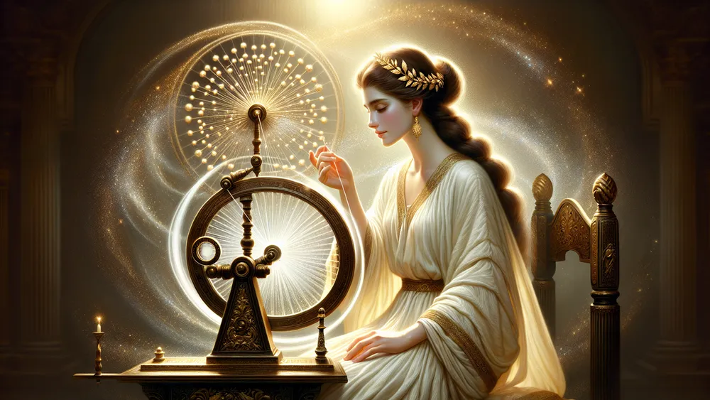 Clotho Spinning Threads Of Life Glowing Wheel Cosmic And Natural Balance