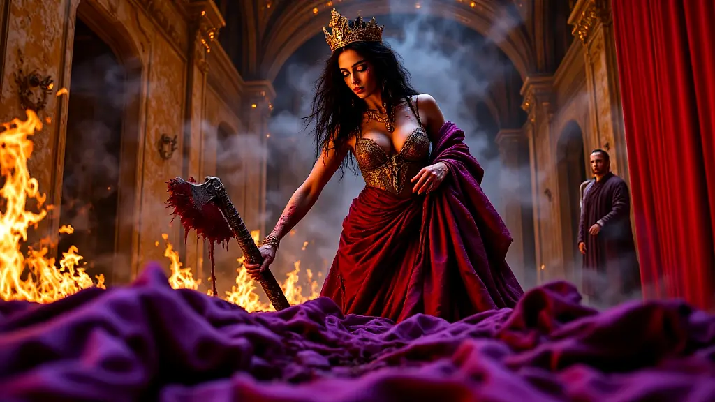 Clytemnestra, bloodied and triumphant, stands over Agamemnon’s body.