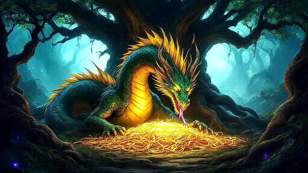 Colchian Dragon guarding Golden Fleece in mystical grove.