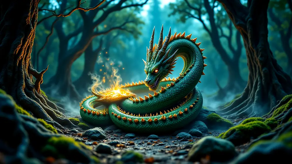 Colchian Dragon guarding Golden Fleece in mystical grove.