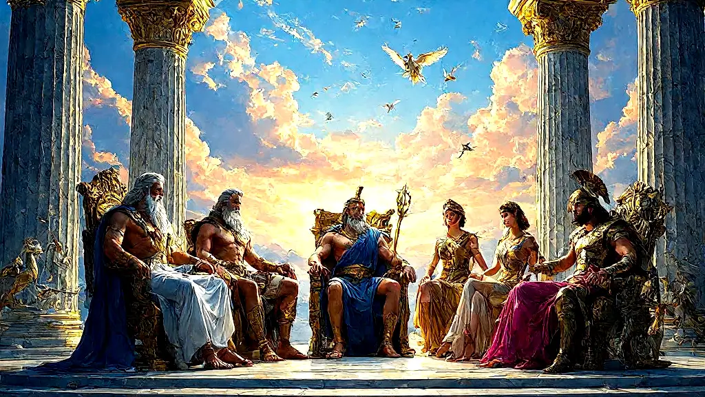 Council of 9 Greek gods in celestial throne room.