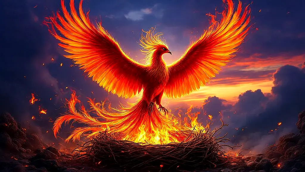 Crimson-and-gold phoenix reborn in flames, nest of cinnamon and myrrh.