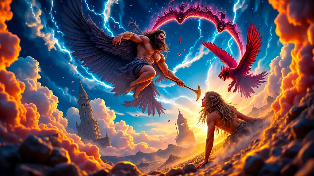 Cronus castrates Uranus as Aphrodite rises from foam.