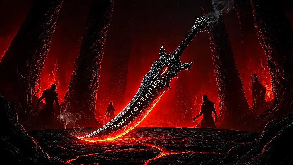 Cursed Harpe sword glowing in Tartarus's fiery forge.