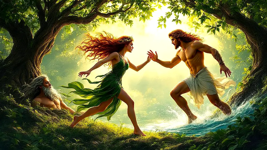 Daphne transforming into laurel tree, Apollo chasing, mythic scene.