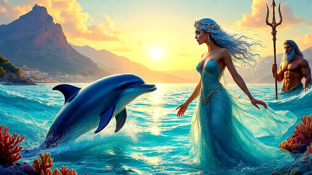 Delphin persuades Amphitrite to marry Poseidon, golden sea sunset.