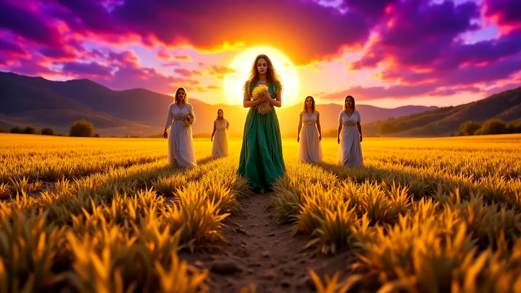 Demeter cradles sacred wheat amid Eleusinian rituals.