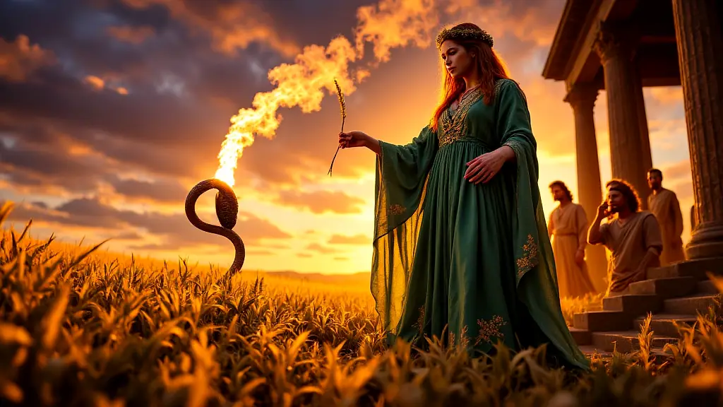 Demeter gifting glowing wheat to awestruck humans.