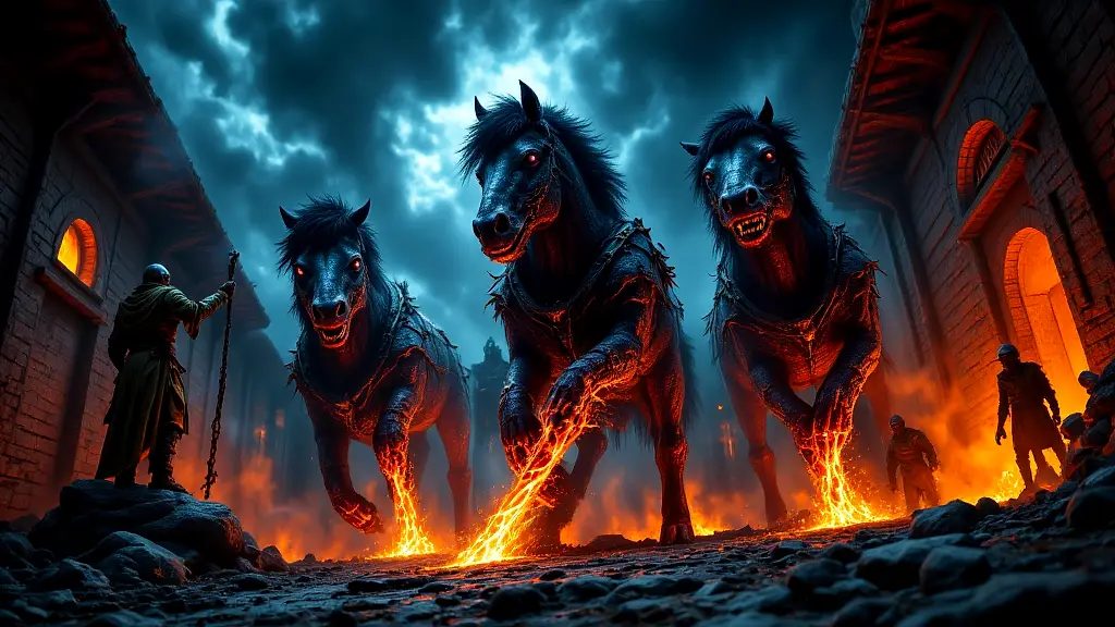 Diomedes' man-eating mares in a dark, fiery stable.
