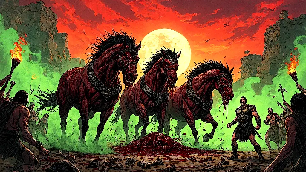 Diomedes' monstrous mares devouring guests under blood-red skies.